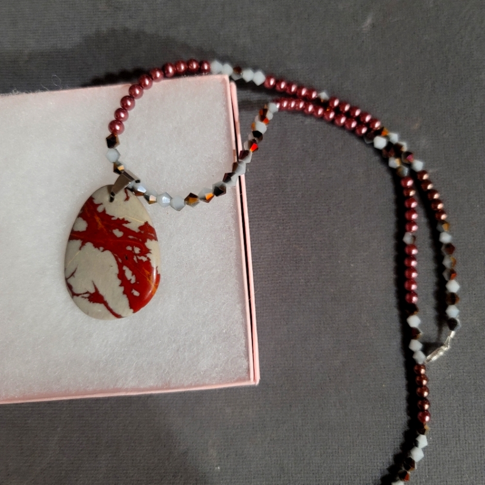 RARE MOOKAITE JASPER TEARDROP PENDANT NECKLACE SWAROVSKI BEAD ACCENT
